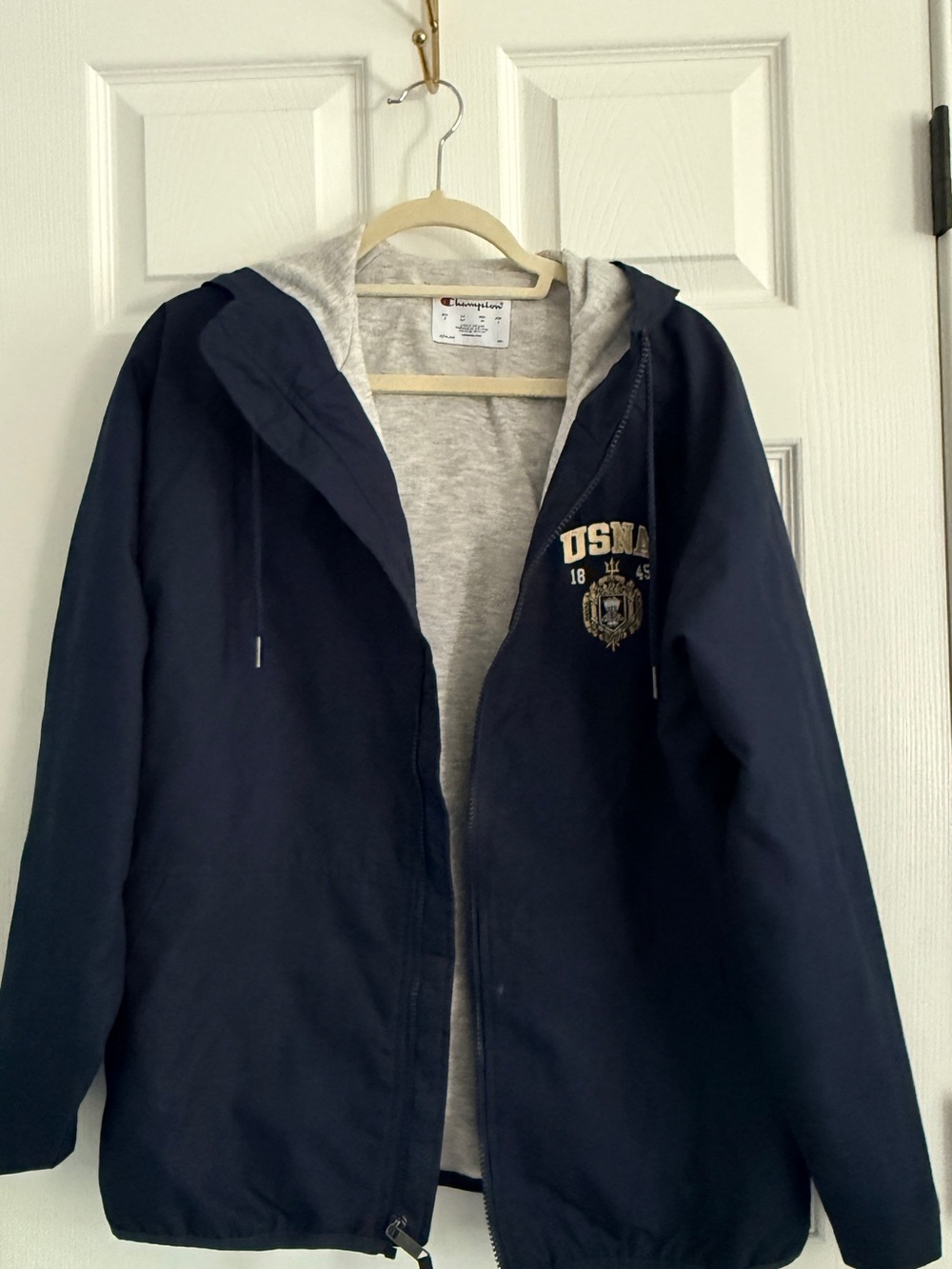 Champion Navy Hooded Jacket with Grey Liner and USNA Crest